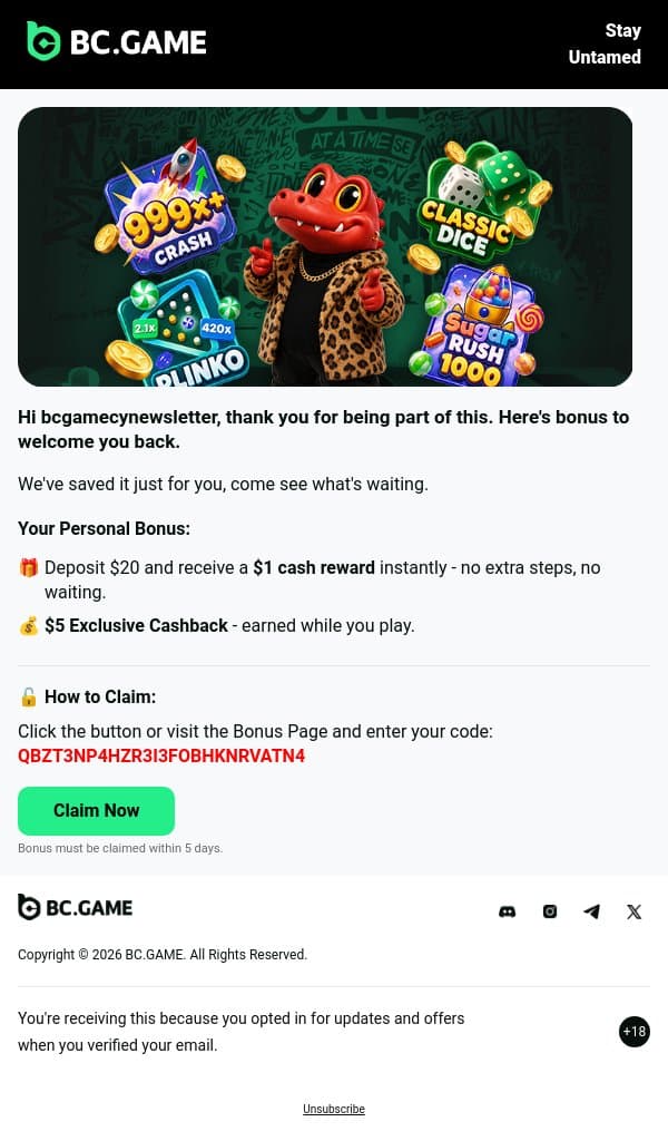 🎯$5 Exclusive Cashback & Cash Reward email from BC.Game screenshot