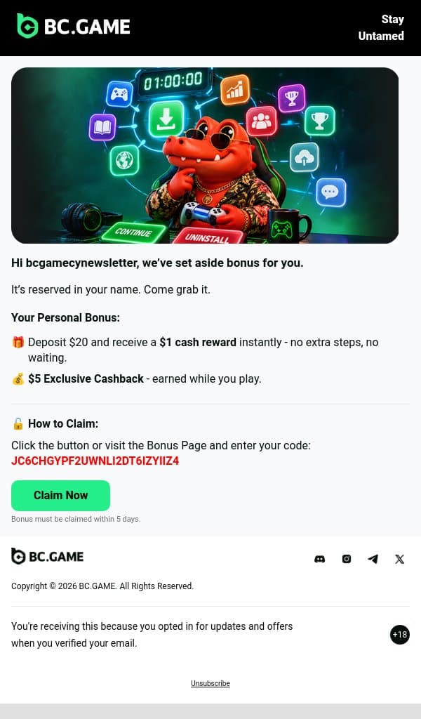 ⏳ $5 Exclusive Cashback — 5 days left to claim email from BC.Game screenshot
