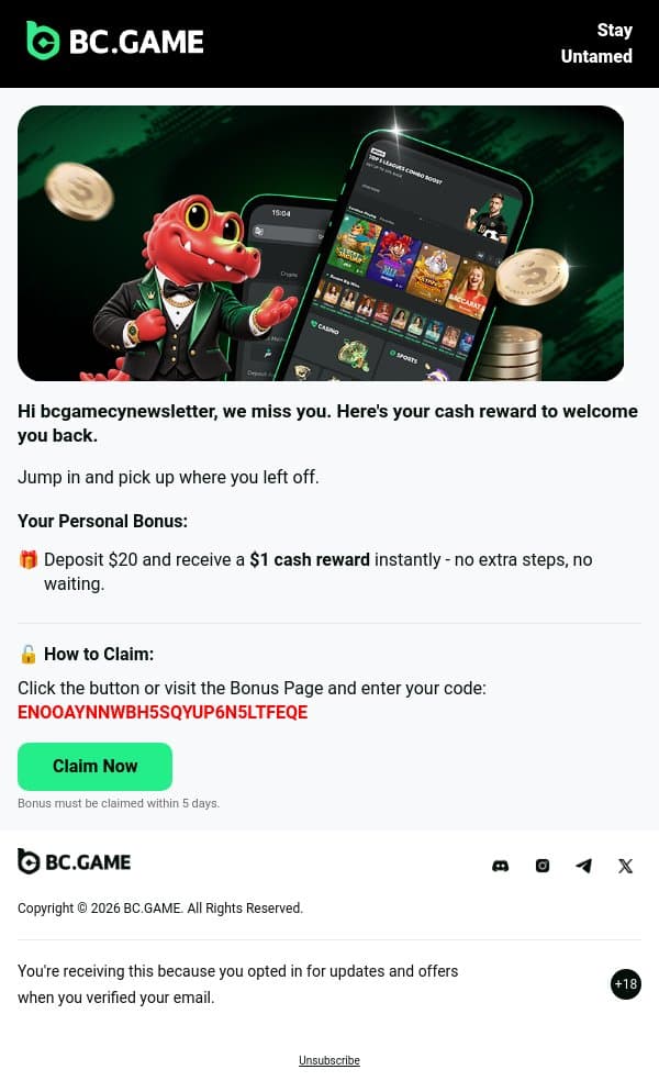 💰Deposit and earn cash email from BC.Game screenshot