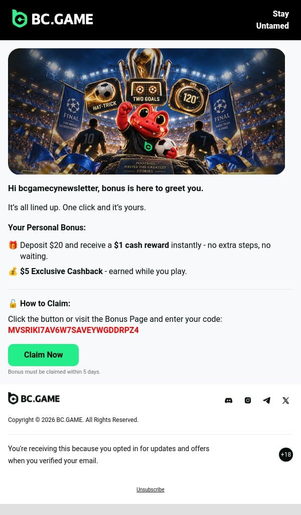 🔓 Unlocked: $5 Exclusive Cashback for you email from BC.Game screenshot