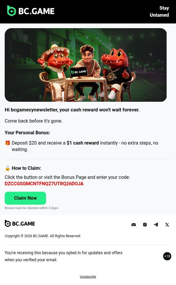 ⏰ Deposit and earn cash now email from BC.Game screenshot