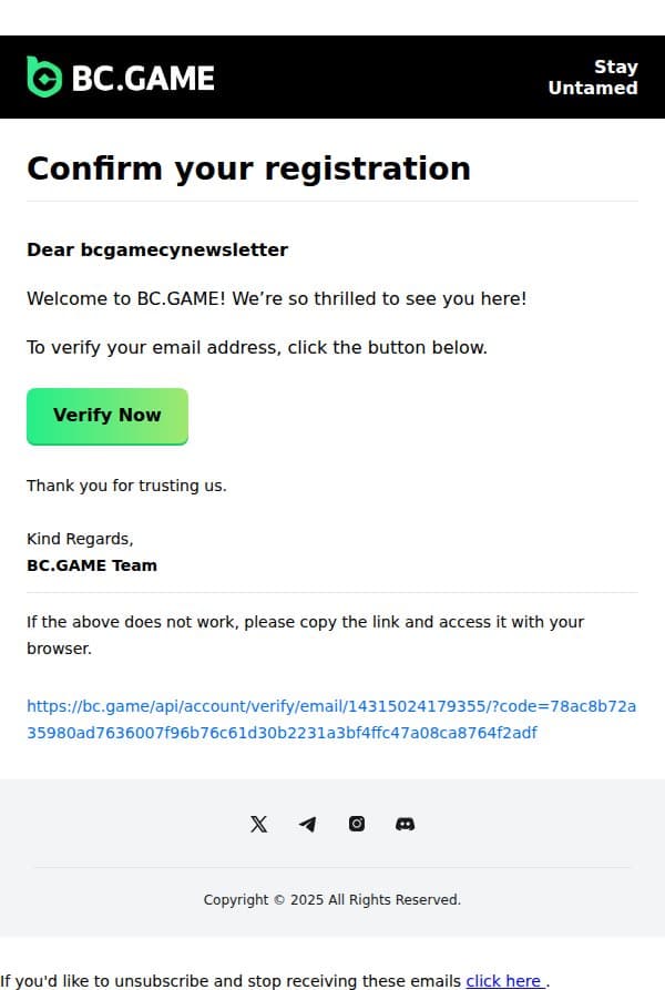 Confirm your registration email from BC.Game screenshot