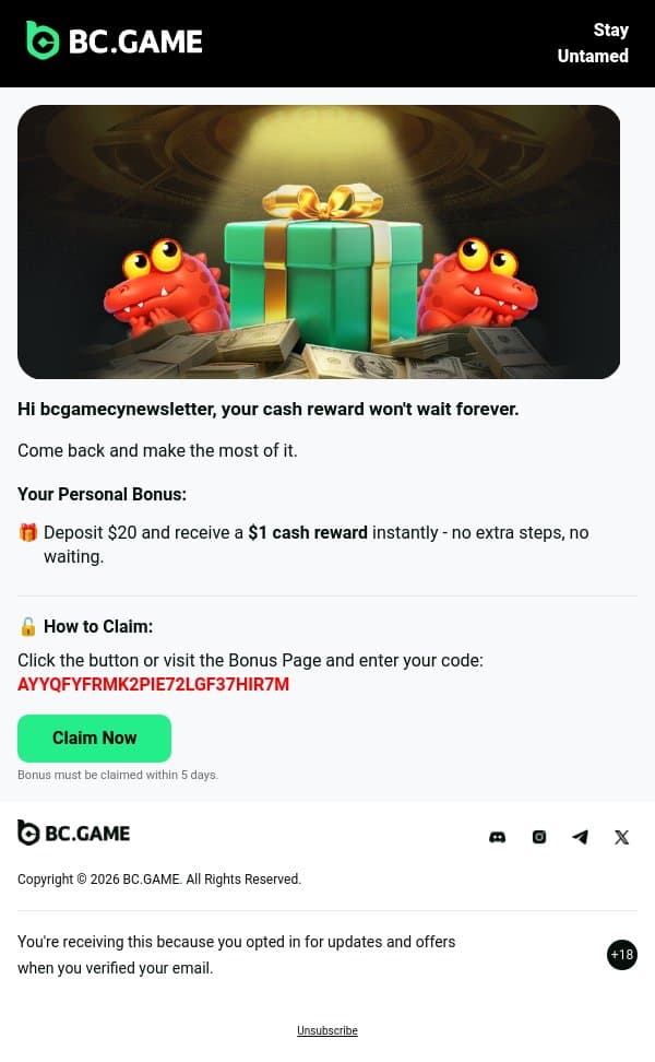 ⚡ Fast Claim, Big Payout email from BC.Game screenshot