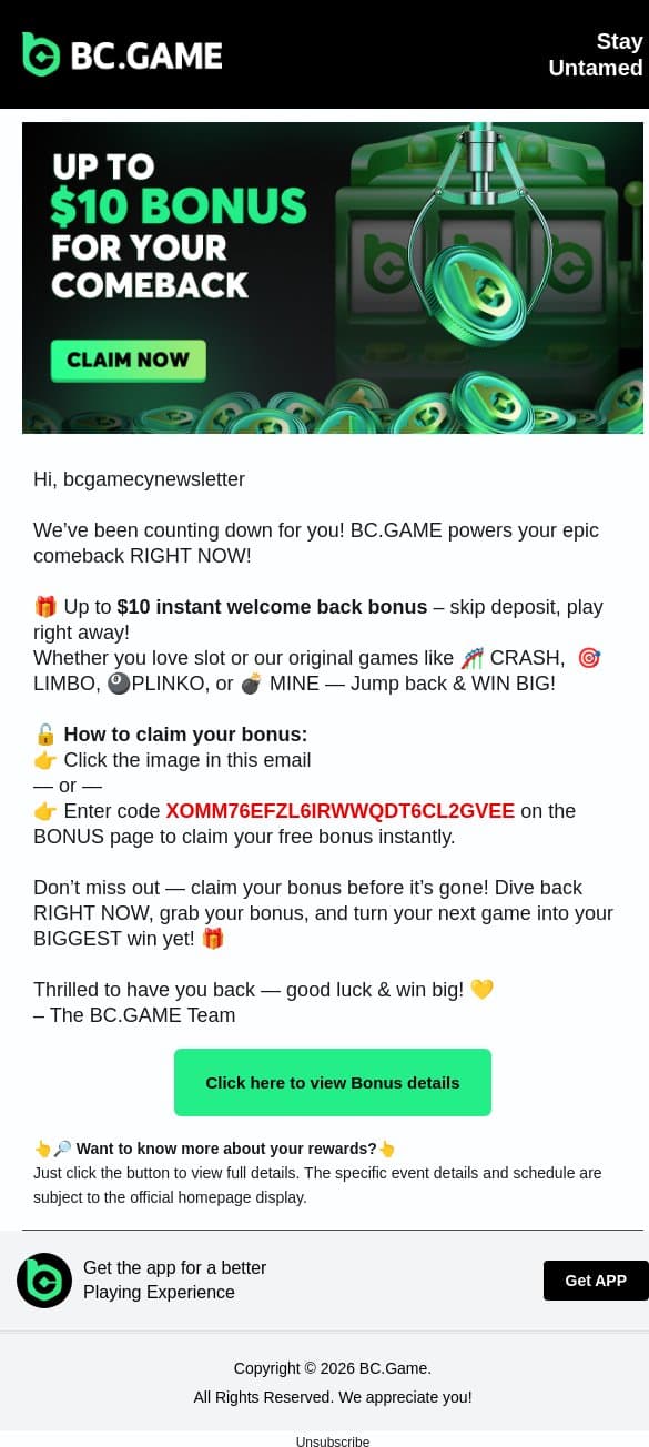 🎉Get your up to $10 bonus for coming back! email from BC.Game screenshot