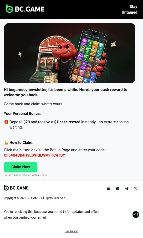 💎 Deposit & earn cash email from BC.Game screenshot