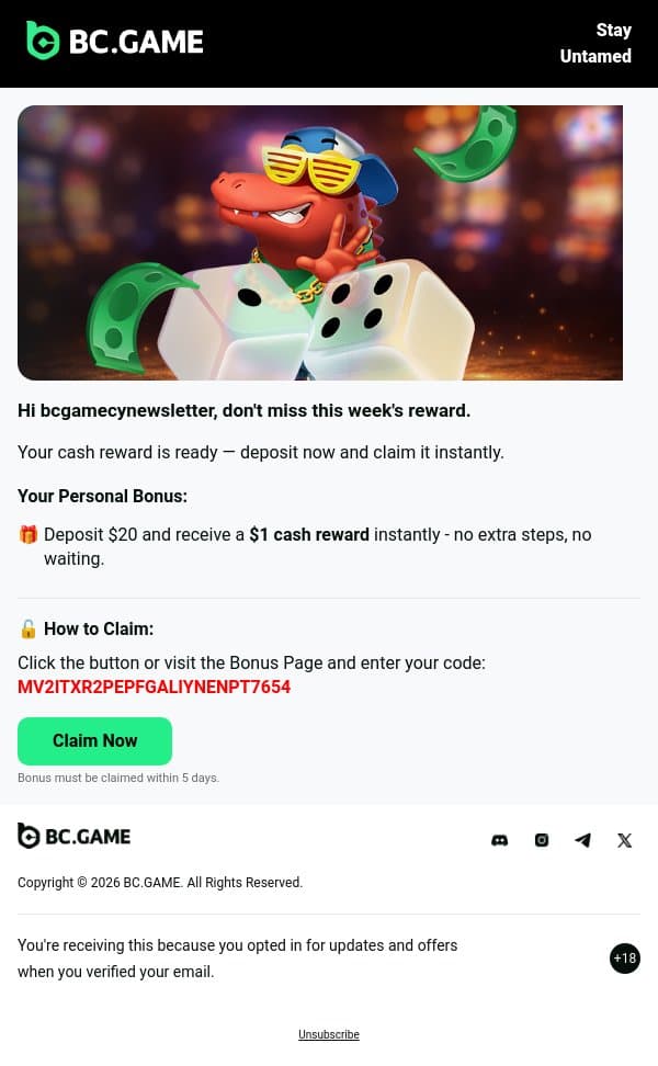 ⏰ Your Cash Reward Is Waiting email from BC.Game screenshot
