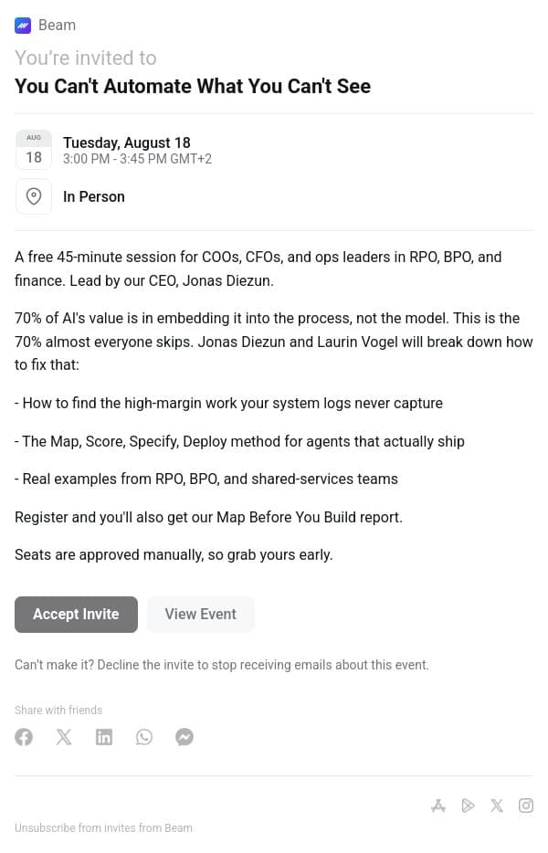 You are invited to You Can't Automate What You Can't See email from Beam AI screenshot