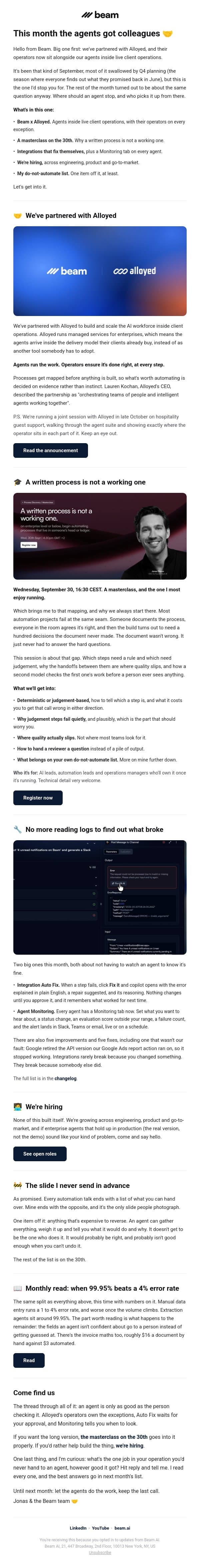 What's new with Beam AI | Beam x Alloyed, Auto Fix & the slide I never send email from Beam AI screenshot