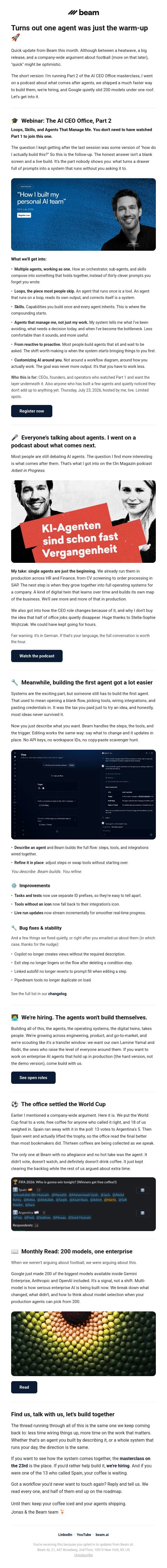 What's new with Beam AI | Describe-it agents, what comes next & the office World Cup email from Beam AI screenshot