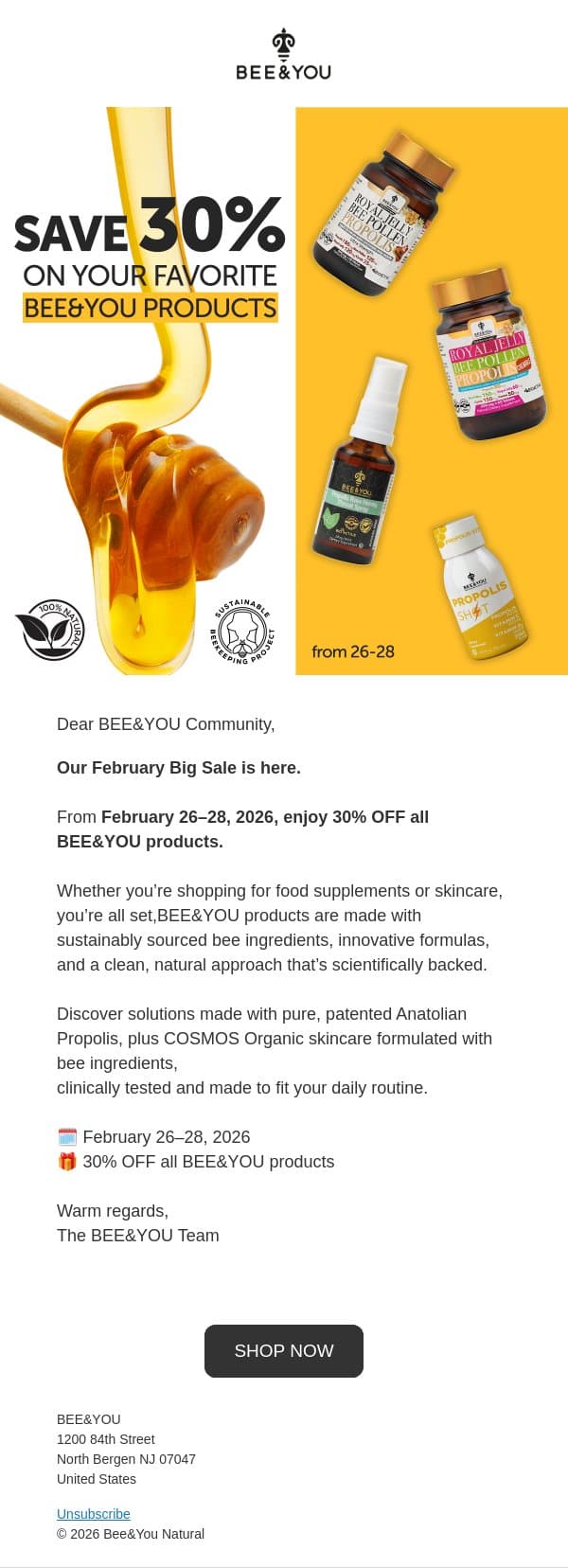 Enjoy 30% OFF all products | February 26–28 email from Bee & You screenshot