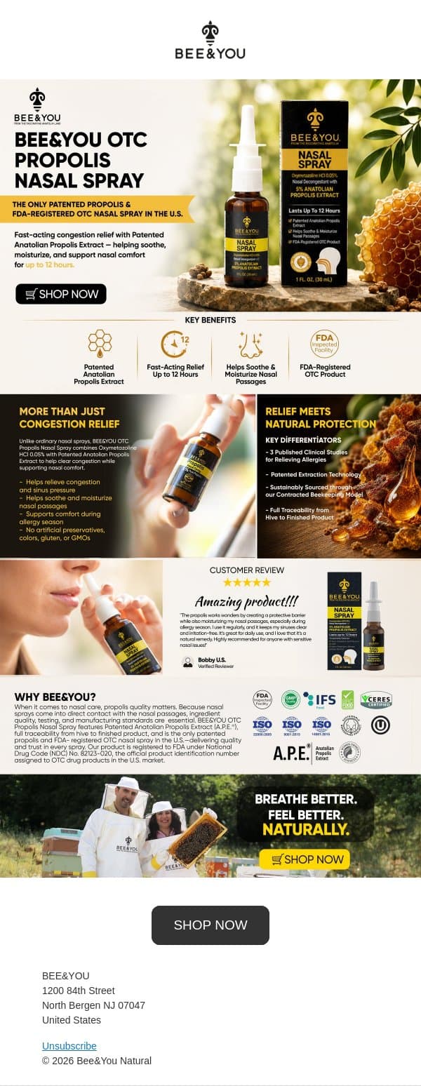 BEE&YOU OTC PROPOLIS NASAL SPRAY email from Bee & You screenshot