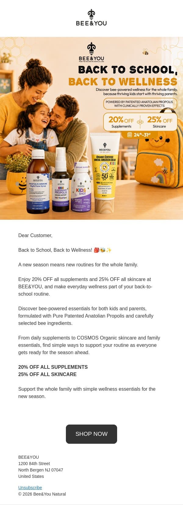 🎒 Back to School, Back to Wellness! 24–31 Aug Up to 25% OFF email from Bee & You screenshot