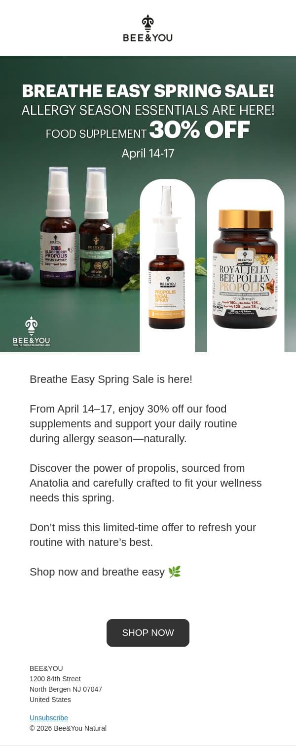 Breathe Easy Spring Sale 🌿 30% Off Supplements email from Bee & You screenshot