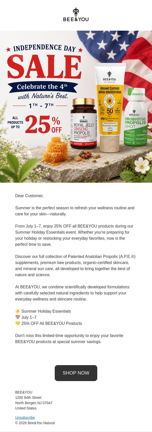 Celebrate Independence Day naturally! email from Bee & You screenshot