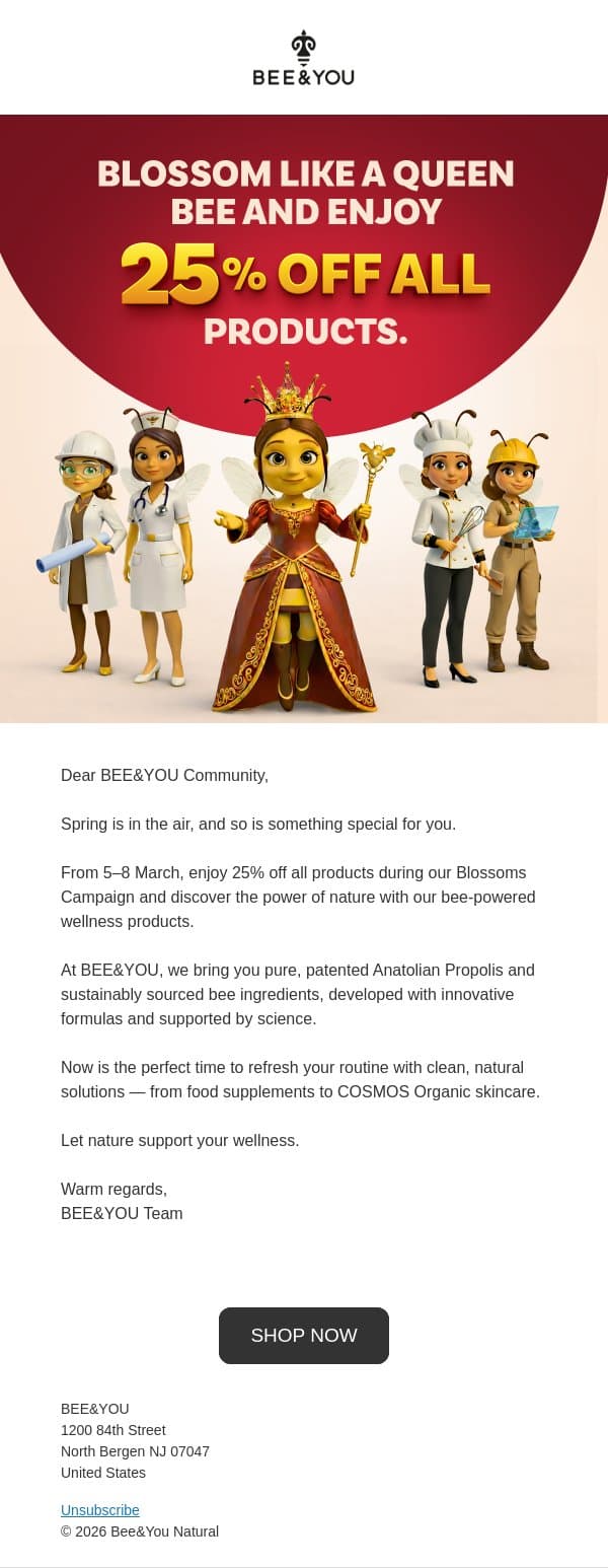 🌸 Blossoms Campaign: Enjoy 25% Off All BEE&YOU Products (5–8 March) email from Bee & You screenshot