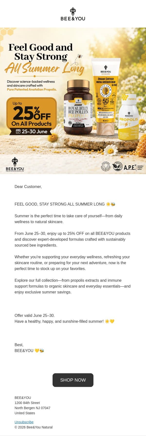 Ends today! Enjoy up to 25% OFF on all products. email from Bee & You screenshot