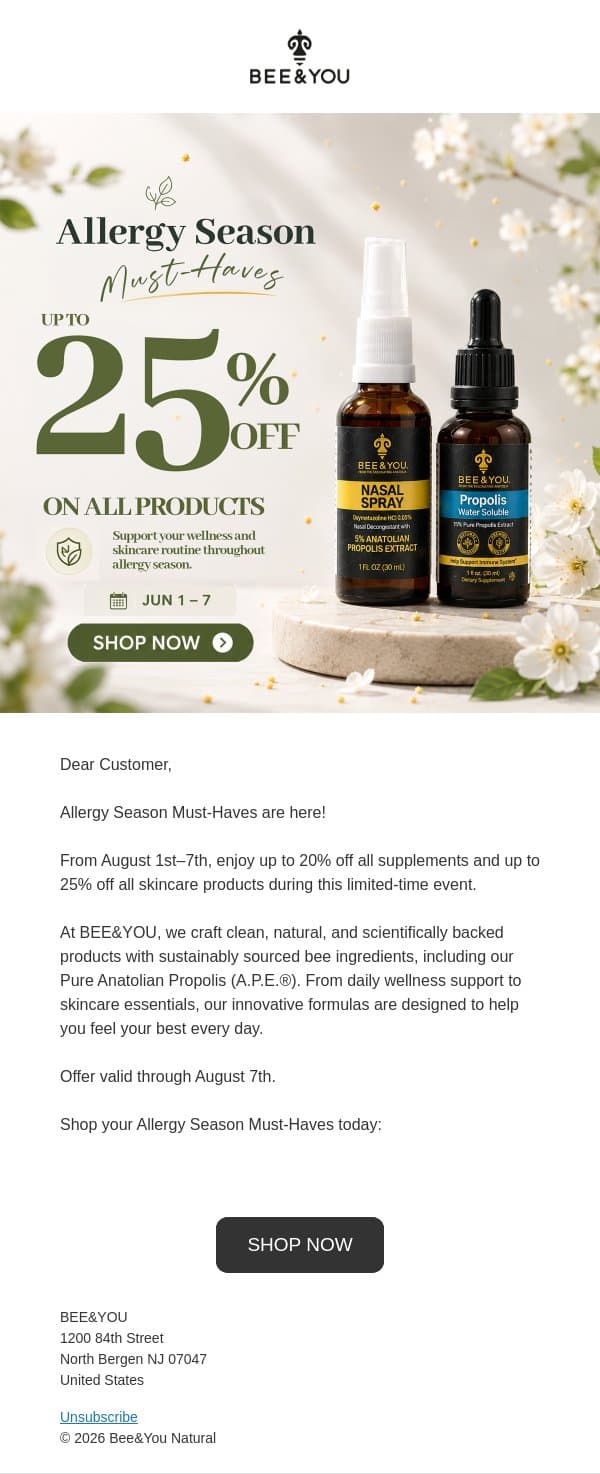 🌿 Allergy Season Must-Haves are here! Save up to 25% email from Bee & You screenshot