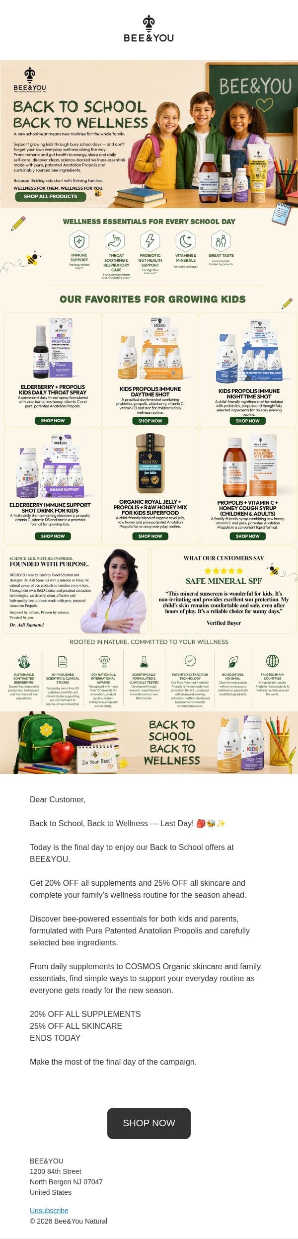 🎒 Last day! BACK TO SCHOOL. BACK TO WELLNESS. email from Bee & You screenshot