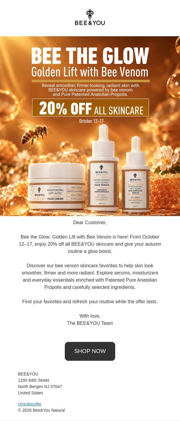 Bee the Glow: 20% Off All Skincare email from Bee & You screenshot