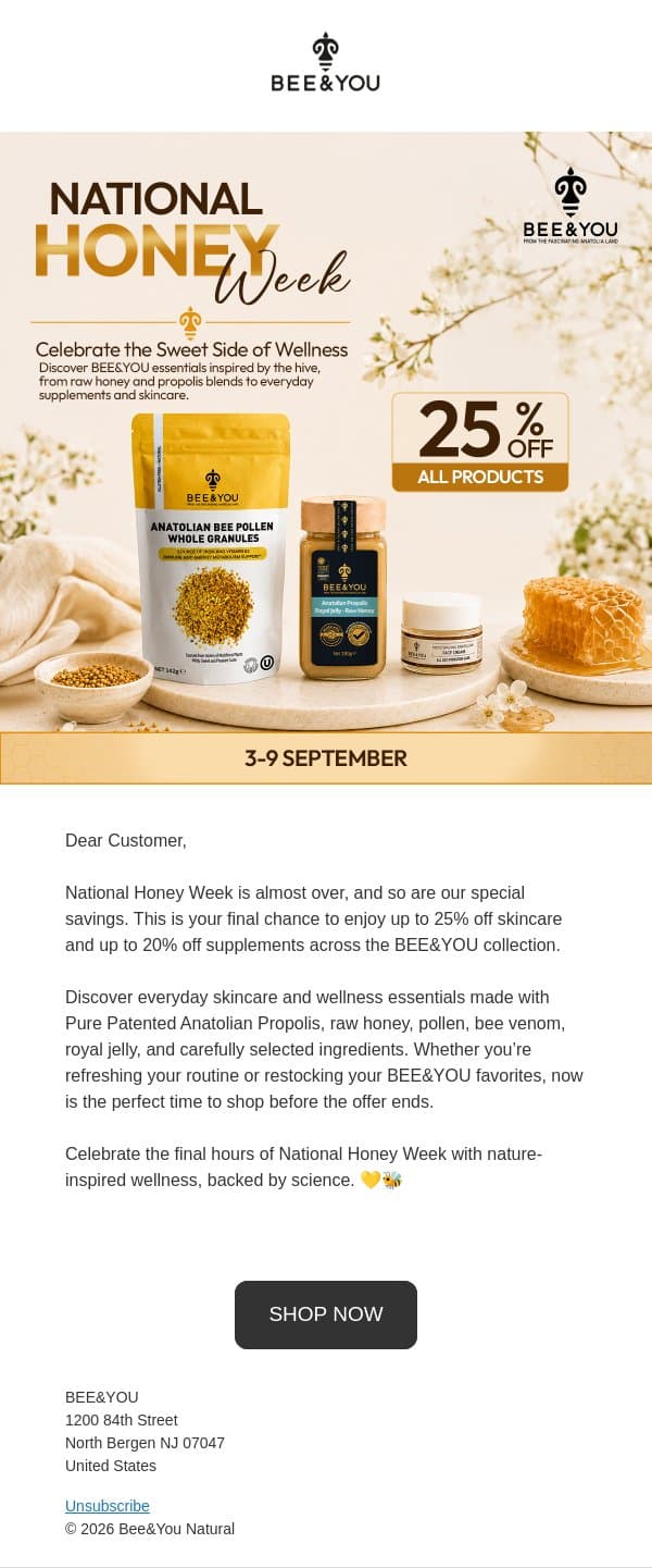 Last Day ⏰ National Honey Week is here! email from Bee & You screenshot