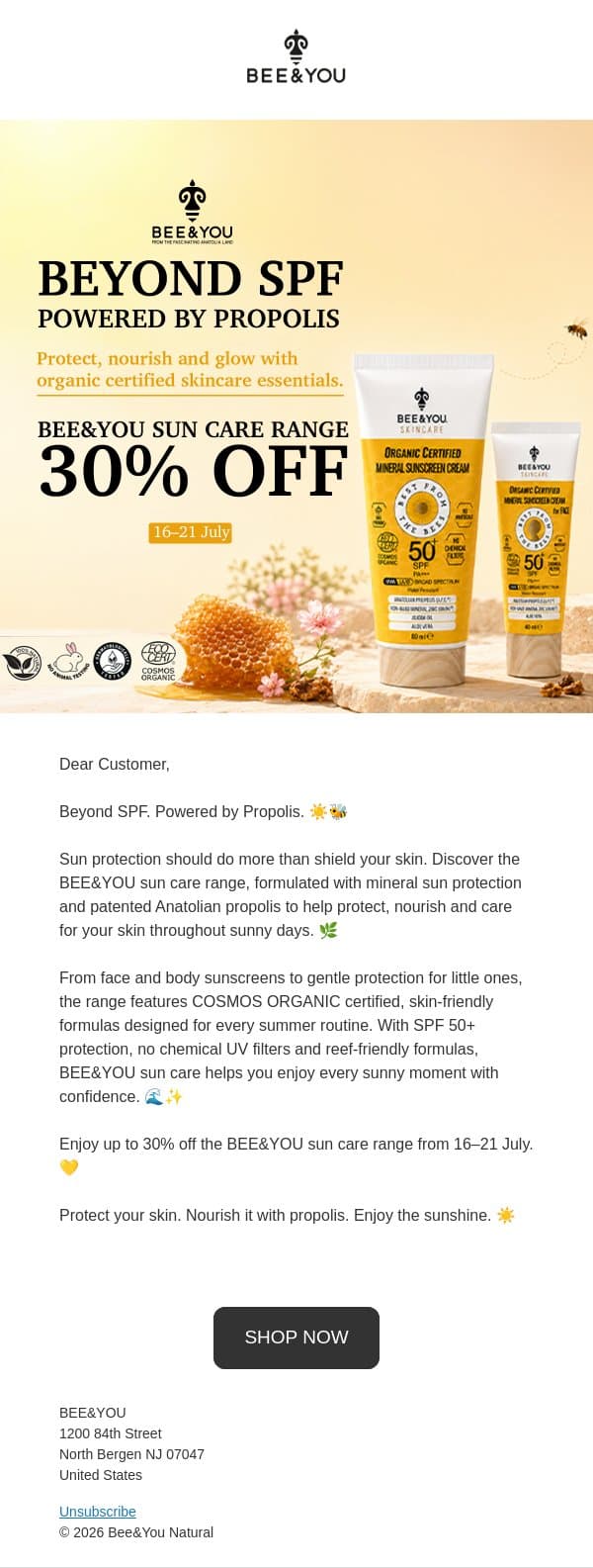 ☀️ Beyond SPF. Powered by Propolis. Up To 30% OFF email from Bee & You screenshot