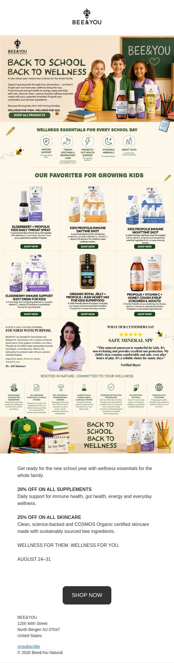 BACK TO SCHOOL. BACK TO WELLNESS. email from Bee & You screenshot