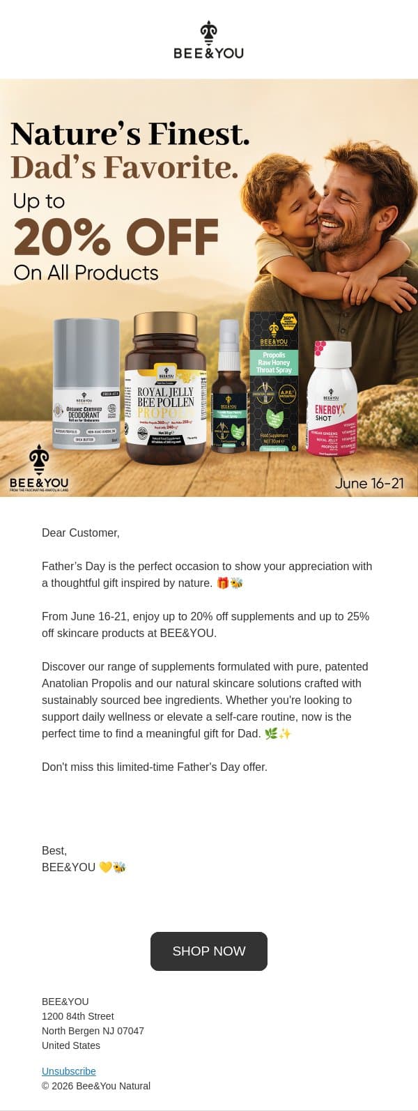 🐝 Get ready for Father's Day! Enjoy up to 20% off email from Bee & You screenshot