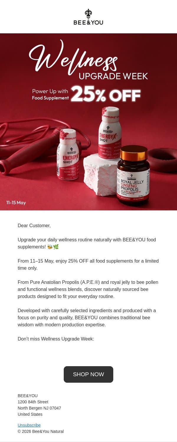 🌿 Wellness Upgrade Week is here! 11–15 May only email from Bee & You screenshot