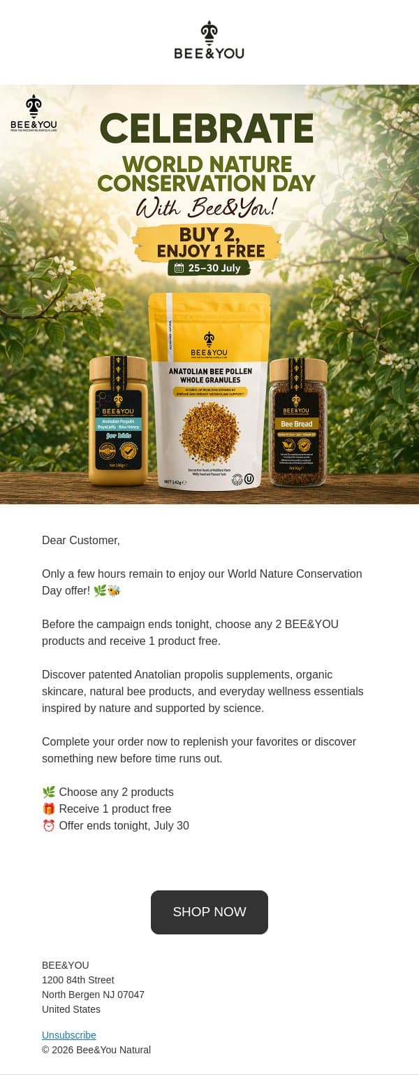 Last day! 🌿 Buy any 2 BEE&YOU products and get 1 FREE. email from Bee & You screenshot