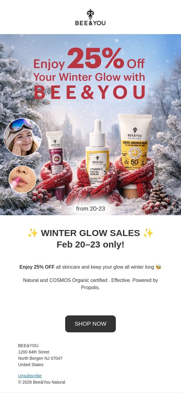 ✨ WINTER GLOW SALES ✨Feb 20–23 only! email from Bee & You screenshot