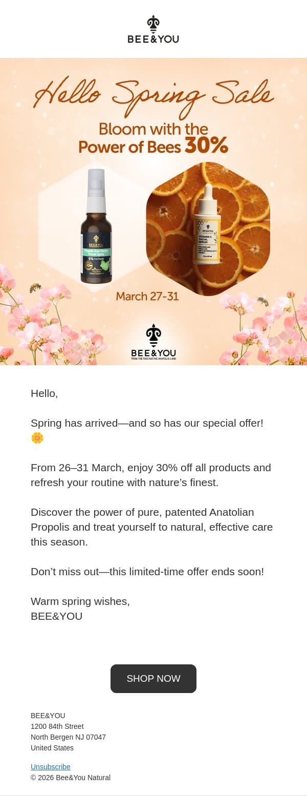 🌸 Spring Sale is Here: Enjoy 30% Off Everything! email from Bee & You screenshot
