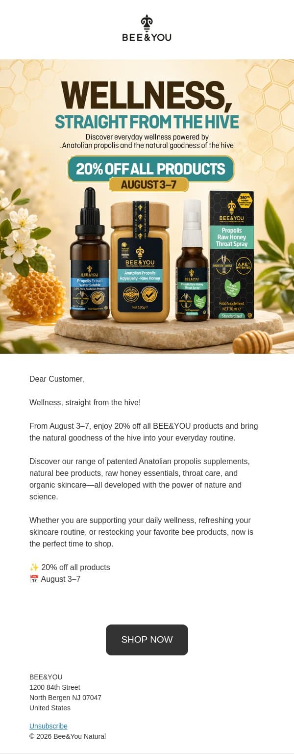 Wellness, straight from the hive! email from Bee & You screenshot