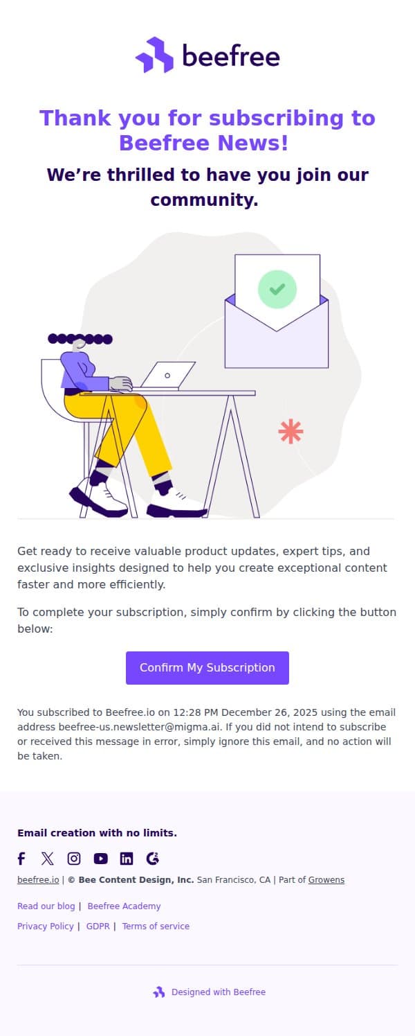 Don't Miss Out! Confirm Your Beefree Product Updates & Newsletter email from BeeFree screenshot