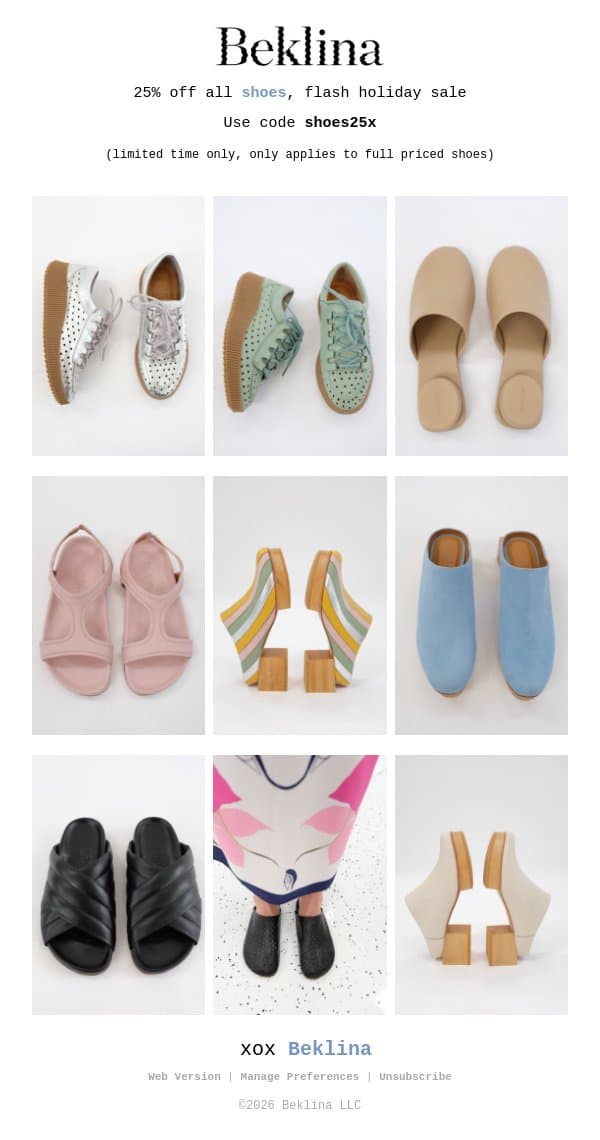 25% Off Shoes email from Beklina screenshot