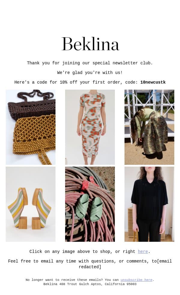 Beklina Newsletter email from Beklina screenshot