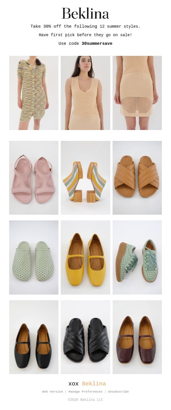 Take 30% Off 12 Summer Styles email from Beklina screenshot