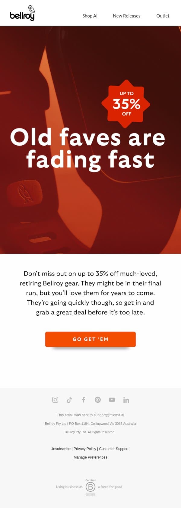 Don’t miss out on up to 35% off email from Bellroy screenshot