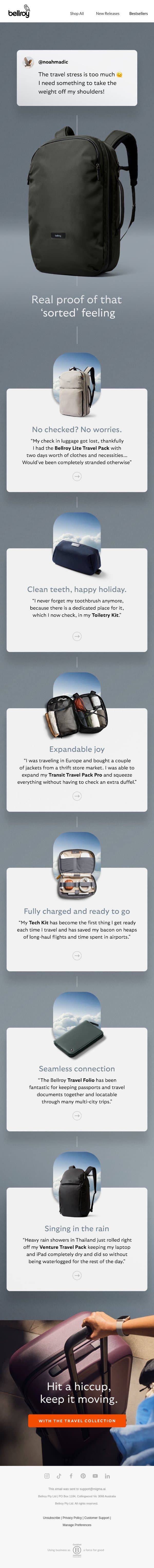 Travel stress? Sorted. email from Bellroy screenshot
