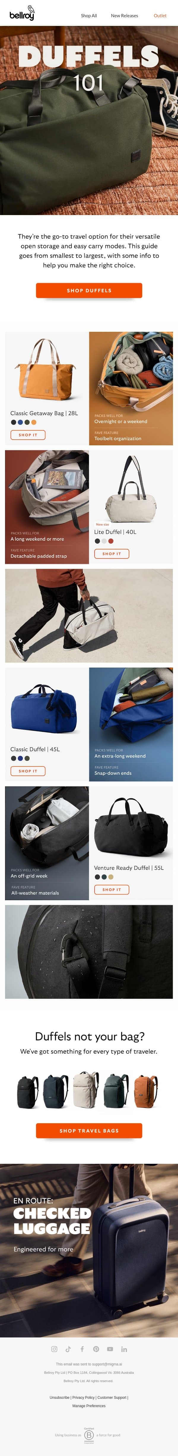 Duffels: our ultimate guide email from Bellroy screenshot