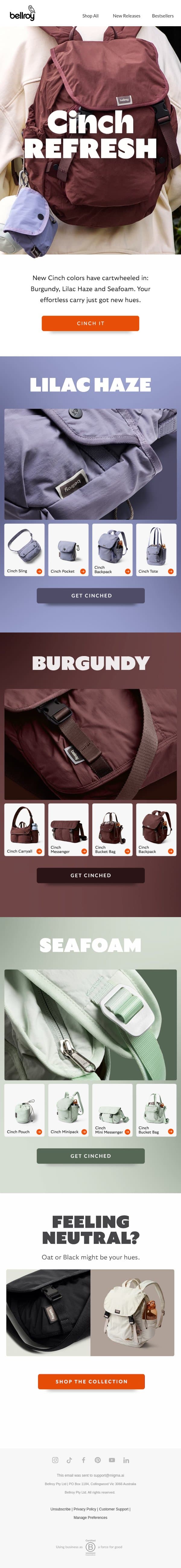 Cinch in new colors email from Bellroy screenshot