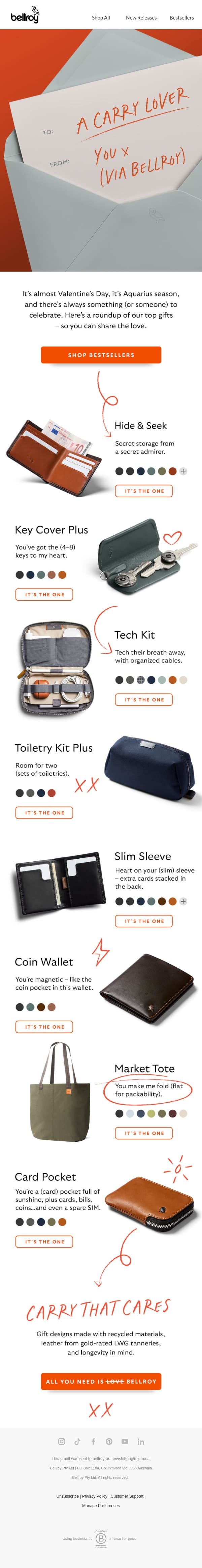Gifts made to last (and love) email from Bellroy screenshot