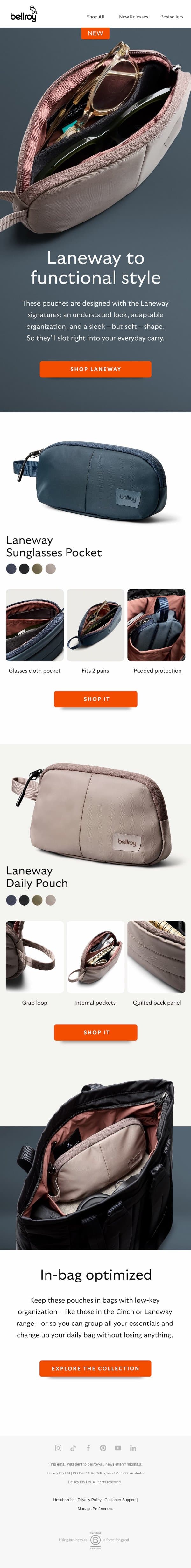 New: Laneway Sunglasses Pocket and Daily Pouch email from Bellroy screenshot