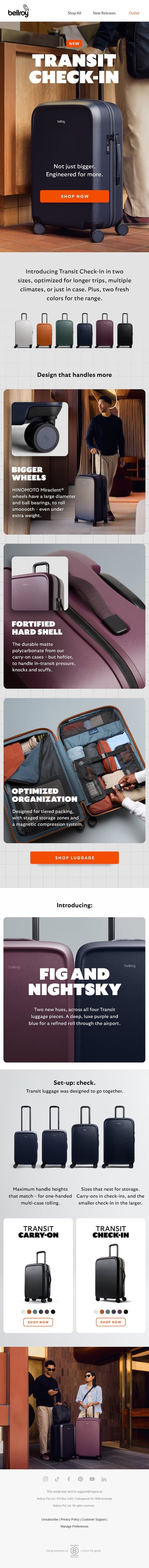 New: checked luggage email from Bellroy screenshot
