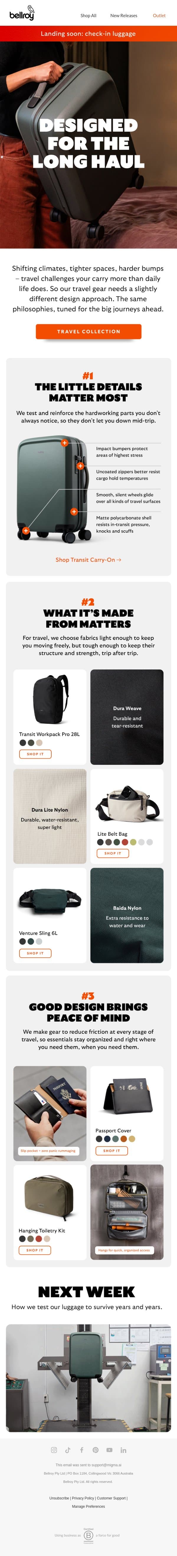 Made with travel in mind email from Bellroy screenshot