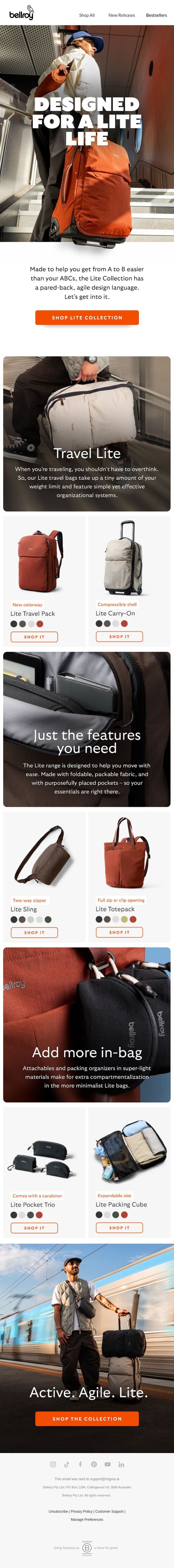 Less schlep. More Lite. email from Bellroy screenshot
