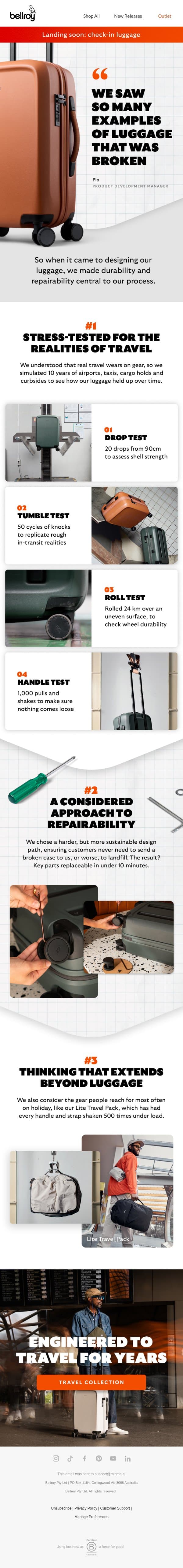 How we build luggage that lasts email from Bellroy screenshot