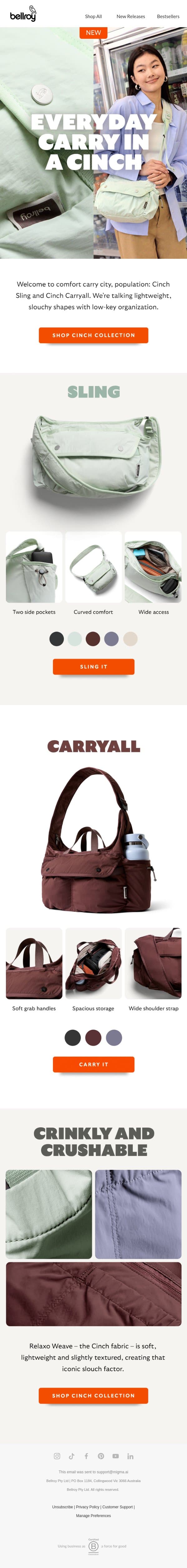 New: Cinch Sling and Cinch Carryall email from Bellroy screenshot