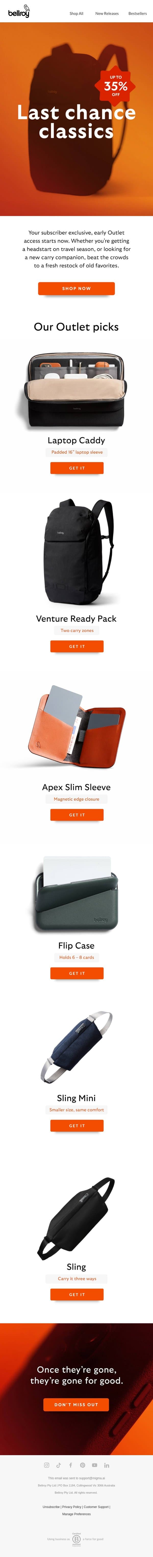 Outlet early access starts now! email from Bellroy screenshot