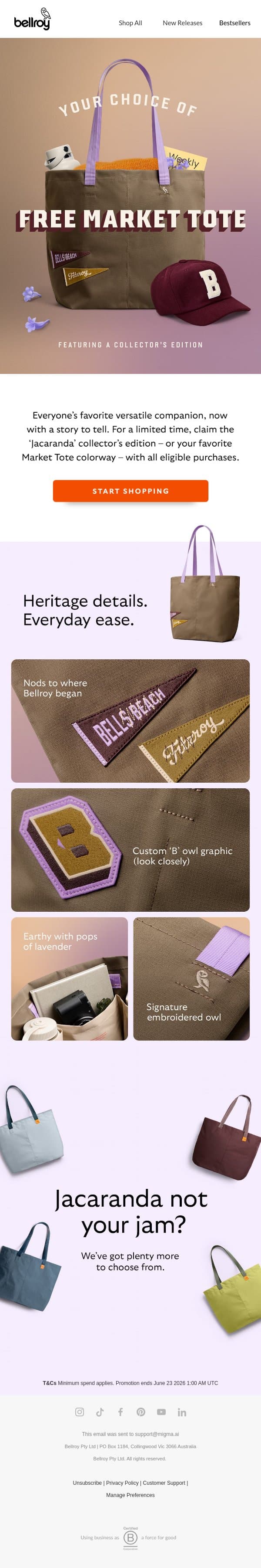Gift with purchase: Market Tote email from Bellroy screenshot