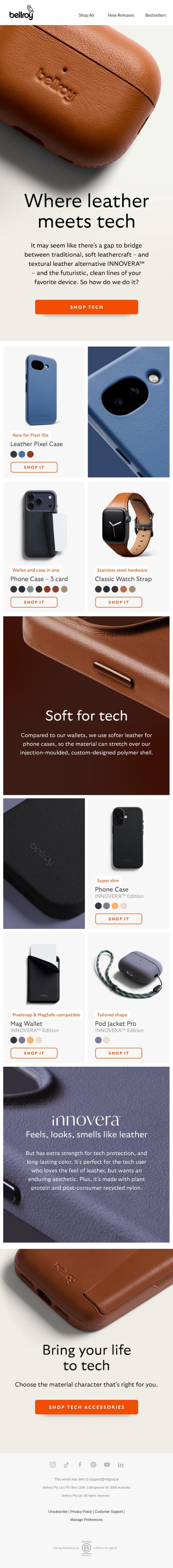 The intersection of tech and leather email from Bellroy screenshot